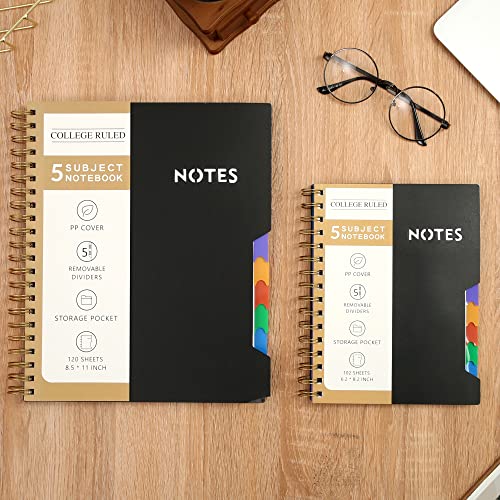 CAGIE 5 Subject Notebook College Ruled 6'' x 8'' Hardcover Spiral Lined Notebook with 5 Removable Colored Dividers 204 Pages Notebooks for Work, School Supplies, Home & Office, Writing Journal