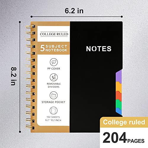 CAGIE 5 Subject Notebook College Ruled 6'' x 8'' Hardcover Spiral Lined Notebook with 5 Removable Colored Dividers 204 Pages Notebooks for Work, School Supplies, Home & Office, Writing Journal