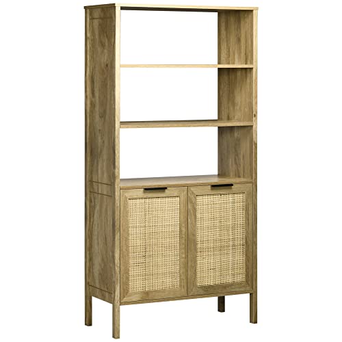 HOMCOM Boho Bookshelf, Storage Cabinet with 3 Open Shelves and Natural Rattan Decor, Bookcase for Living Room, Study, Bedroom
