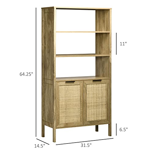 HOMCOM Boho Bookshelf, Storage Cabinet with 3 Open Shelves and Natural Rattan Decor, Bookcase for Living Room, Study, Bedroom