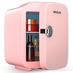 specilite mini fridge for skin care, portable beauty fridge with eraser board door and bead chain(4 liter/6 can) cooler and warmer, personal ac/dc refrigerator for makeup, food, travel, pink