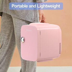 SPECILITE Mini Fridge for Skin Care, Portable Beauty Fridge with Eraser Board Door and Bead Chain(4 Liter/6 Can) Cooler and Warmer, Personal AC/DC Refrigerator for Makeup, Food, Travel, Pink