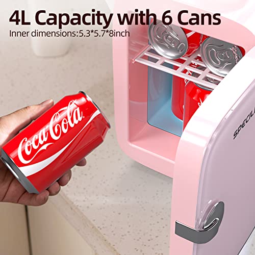 SPECILITE Mini Fridge for Skin Care, Portable Beauty Fridge with Eraser Board Door and Bead Chain(4 Liter/6 Can) Cooler and Warmer, Personal AC/DC Refrigerator for Makeup, Food, Travel, Pink