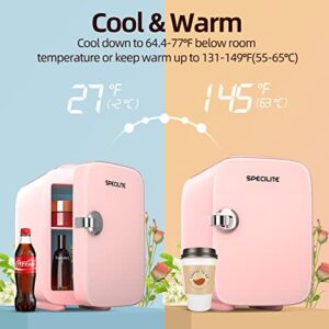 SPECILITE Mini Fridge for Skin Care, Portable Beauty Fridge with Eraser Board Door and Bead Chain(4 Liter/6 Can) Cooler and Warmer, Personal AC/DC Refrigerator for Makeup, Food, Travel, Pink