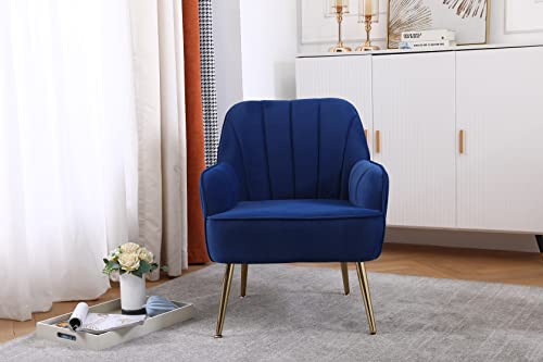 Goujxcy Modern Accent Chair, Velvet Living Room Chair, Club Chair Upholstered Tufted Decorative Reading Chair, Corner Side Chair, Vanity Chair for Bedroom, Living Room (Navy Blue)