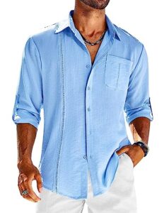coofandy mens shirts long sleeve cuban camp guayabera shirt linen beach button down shirts light blue