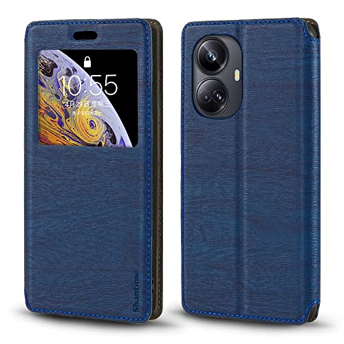 Shantime for Oppo Realme 10 Pro+ Case, Wood Grain Leather Case with Card Holder and Window, Magnetic Flip Cover for Oppo Realme 10 Pro Plus (6.7”) Blue