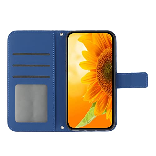 ONV Wallet Case for Oppo Reno 6 Pro 5G - with 1.5M Strap Sunflower Flip Leather Case Embossment Card Slot Shockproof Kickstand Magnetic Cover for Oppo Reno 6 Pro 5G [HT] -Blue-T