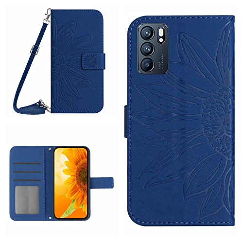 ONV Wallet Case for Oppo Reno 6 Pro 5G - with 1.5M Strap Sunflower Flip Leather Case Embossment Card Slot Shockproof Kickstand Magnetic Cover for Oppo Reno 6 Pro 5G [HT] -Blue-T