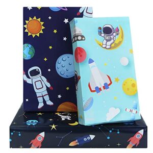 birthday wrapping paper 6 sheets gift wrap 20 x 30 inches per sheet (folded flat 6 sheets in 3 designs: 26 sq. ft. ttl.), astronaut solar system planets rocket alien galaxy pattern- for space lover boys kids baby shower kindergarten party