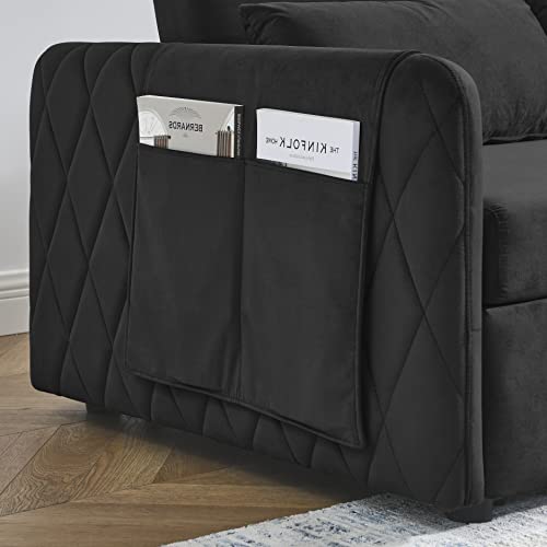 HomSof 2 Pillows and Living Room Adjustable Backrest, Grid Design Armrests 55" Modern Convertible 2 Detachable Arm Pockets, Velvet Loveseat Sofa with Pull Out Bed, Style B, Black