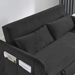 HomSof 2 Pillows and Living Room Adjustable Backrest, Grid Design Armrests 55" Modern Convertible 2 Detachable Arm Pockets, Velvet Loveseat Sofa with Pull Out Bed, Style B, Black