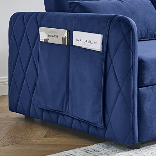 HomSof 2 Pillows and Living Room Adjustable Backrest, Grid Design Armrests 55" Modern Convertible 2 Detachable Arm Pockets, Velvet Loveseat Sofa with Pull Out Bed, Style B, Blue