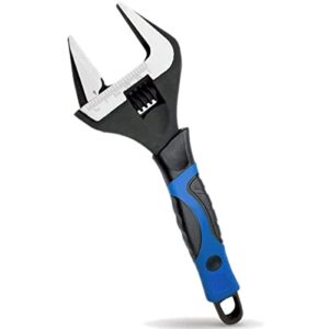 6-inch adjustable wrench with grip - deep jaw, wide mouth, anti-rust black oxide finish, for plumbing, automotive, and household repairs - metric scale marked, non-slip handle, blue