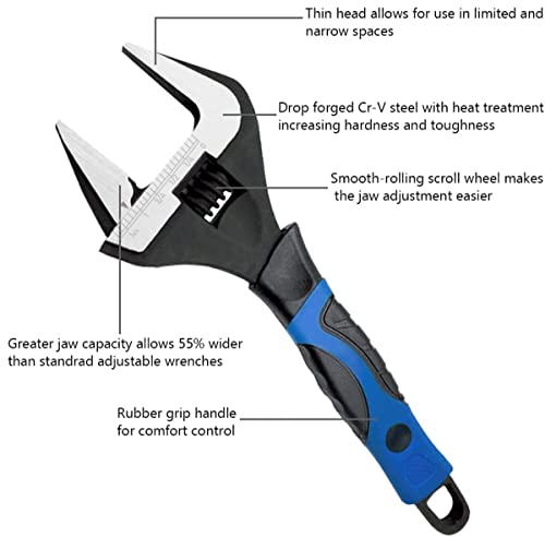 6-Inch Adjustable Wrench with Grip - Deep Jaw, Wide Mouth, Anti-Rust Black Oxide Finish, for Plumbing, Automotive, and Household Repairs - Metric Scale Marked, Non-Slip Handle, blue