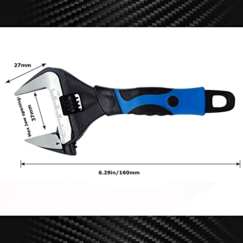 6-Inch Adjustable Wrench with Grip - Deep Jaw, Wide Mouth, Anti-Rust Black Oxide Finish, for Plumbing, Automotive, and Household Repairs - Metric Scale Marked, Non-Slip Handle, blue