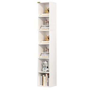alisened 68.5" tall narrow bookshelf, 6 shelf wooden corner bookcase, modern skinny cubes storage organizer display shelving for bedroom, library, living room, home, office, white