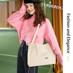 Corduroy Tote Bag for Women Small Satchel Bag Mini Tote Bag Aesthetic Crossbody Bag Handbag - School Work Travel Shopping(Beige)