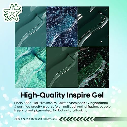 Modelones Ethereal Green Gel Nail Polish Set - 6 Colors Mermaid Lagoon Gel Polish Kit Dark Green Glitter Turquoise Gel Polish Soak Off LED Nail Lamp Gel Nail Kit Home Gifts DIY Salon for Women