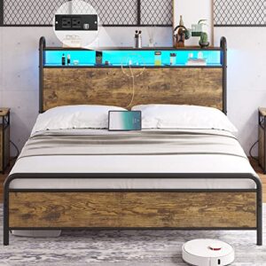 dictac queen bed frame with storage headboard and charging station led bed frame queen size with headboard storage,metal platform bed frame with led lights,no box spring needed,rustic brown