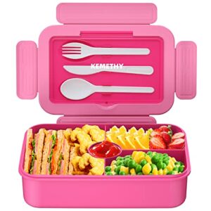 kemethy bento lunch box for kids, 4 compartment lunch box kids, leak proof lunchbox with tableware for kids lunch boxes for school, microwave/dishwasher/freezer safe, bpa-free and reusable, pink