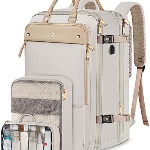 Carry on Backpack for Women, 52L TSA Travel Laptop Backpack with USB Port & Shoes Compartment Fits 17 inch Computer, Extra Large Expandable Flight Approved Weekender Bag with 2 Packing Cubes, Beige