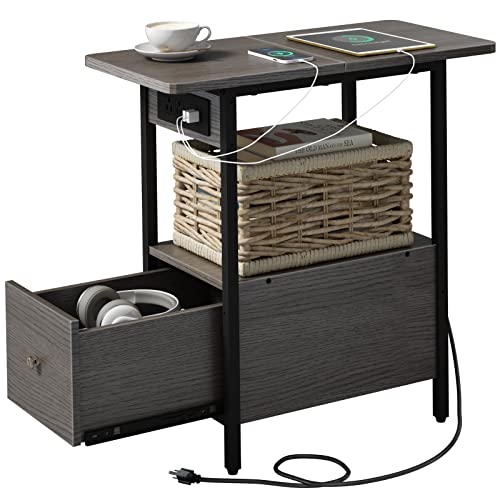 LIDYUK End Table with Charging Station, Narrow Side Table with Drawer and USB Ports & Power Outlets, Nightstand Bedside Tables for Small Spaces, Bedroom, Living Room, Dark Grey