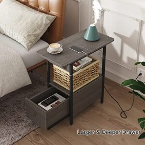 LIDYUK End Table with Charging Station, Narrow Side Table with Drawer and USB Ports & Power Outlets, Nightstand Bedside Tables for Small Spaces, Bedroom, Living Room, Dark Grey