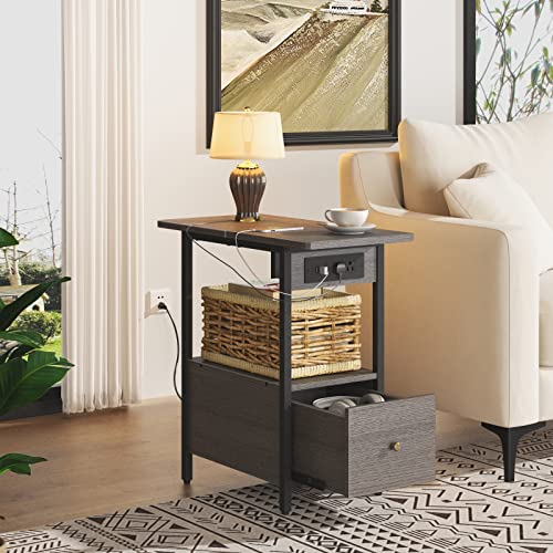 LIDYUK End Table with Charging Station, Narrow Side Table with Drawer and USB Ports & Power Outlets, Nightstand Bedside Tables for Small Spaces, Bedroom, Living Room, Dark Grey