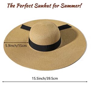 Beach Hats for Women - Sun Hat Womens UPF 50+, Packable Roll Up, Wide Brim Straw Women, Vocation, Cruise, Honeymoon, Travel,Khaki