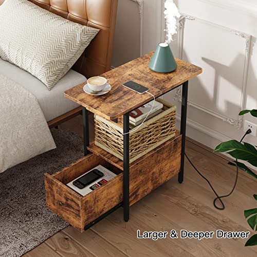 LIDYUK End Table with Charging Station, Narrow Side Table with Drawer and USB Ports & Power Outlets, Nightstand Bedside Tables for Small Spaces, Bedroom, Living Room, Brown