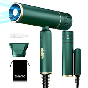 7magic fast-drying hair dryer, foldable, with storage bag for travel, lightweight portable hairdryer for women & men, negative ionic hair blow dryer, 2 heating/cold/2 speed settings, green