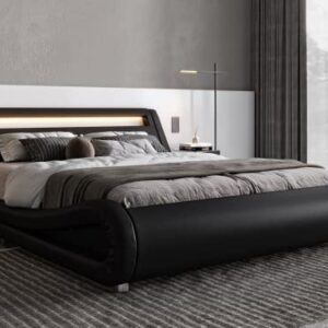 Allewie Full Size LED Platform Bed Frame with Adjustable Headboard/No Box Spring Need/Easy Assembly/Faux Leather in Black