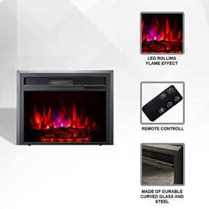 XBrand 32 Inch Long Black Curved Glass and Steel Indoor Insert Electric Fireplace Heater with Remote Control, LED Rolling Flame Effect, and Temperature Limiting Control