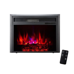 XBrand 32 Inch Long Black Curved Glass and Steel Indoor Insert Electric Fireplace Heater with Remote Control, LED Rolling Flame Effect, and Temperature Limiting Control