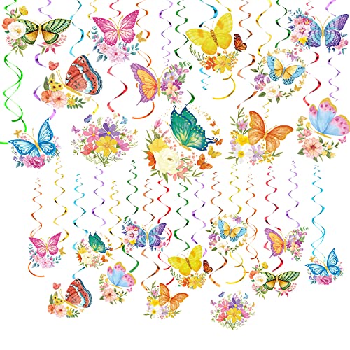 30 Pcs Butterfly Party Decorations Flowers Hanging Decorations Butterfly Hanging Ceiling Swirl for Home Baby Shower 1st birthday 1st birthday Classroom Garden