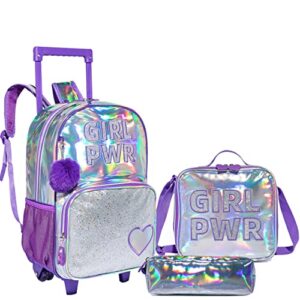 htgroce 3pcs purple rolling backpack for girls, girls glitter bookbag with roller wheels, kindergarten wheeled backpack for girls with lunch box