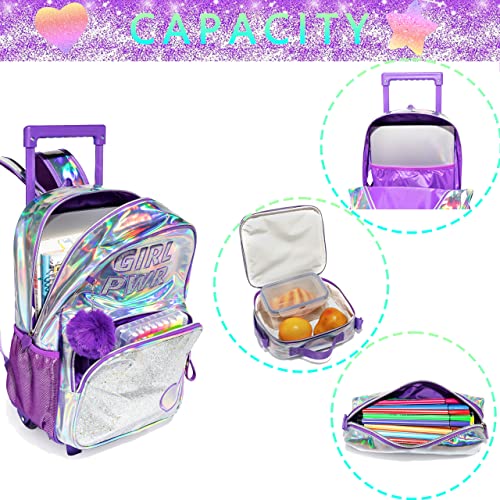 HTgroce 3PCS Purple Rolling Backpack for Girls, Girls Glitter Bookbag with Roller Wheels, Kindergarten Wheeled Backpack for Girls with Lunch Box