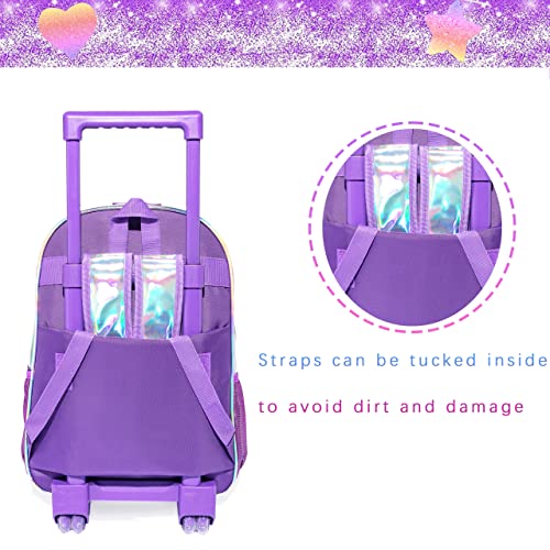 HTgroce 3PCS Purple Rolling Backpack for Girls, Girls Glitter Bookbag with Roller Wheels, Kindergarten Wheeled Backpack for Girls with Lunch Box