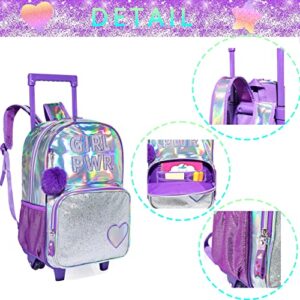 HTgroce 3PCS Purple Rolling Backpack for Girls, Girls Glitter Bookbag with Roller Wheels, Kindergarten Wheeled Backpack for Girls with Lunch Box