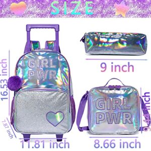 HTgroce 3PCS Purple Rolling Backpack for Girls, Girls Glitter Bookbag with Roller Wheels, Kindergarten Wheeled Backpack for Girls with Lunch Box