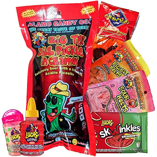 Chamoy Pickle Kit, Mexican Sour Candy Dulces, Delicious Sour Belts, Lucas 7 Pc