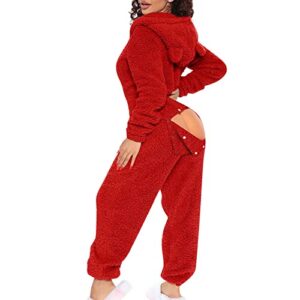 HUANKD Ropa Interior Femenina Sexy, Silk Slip Dress Women's Sleepwear Sexy Lengerie for Women, Women's Long Sleeved Hooded Plush Home Clothes, Pajamas, One-Piece Flip Buttons, Jumpsuits (XL, Red)