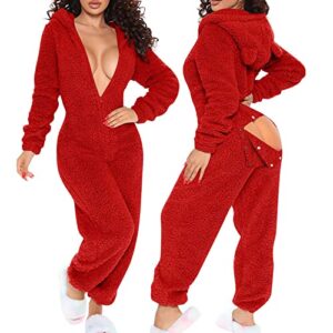 HUANKD Ropa Interior Femenina Sexy, Silk Slip Dress Women's Sleepwear Sexy Lengerie for Women, Women's Long Sleeved Hooded Plush Home Clothes, Pajamas, One-Piece Flip Buttons, Jumpsuits (XL, Red)