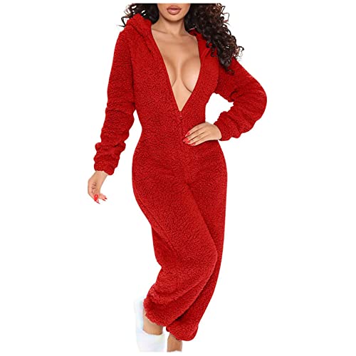 HUANKD Ropa Interior Femenina Sexy, Silk Slip Dress Women's Sleepwear Sexy Lengerie for Women, Women's Long Sleeved Hooded Plush Home Clothes, Pajamas, One-Piece Flip Buttons, Jumpsuits (XL, Red)