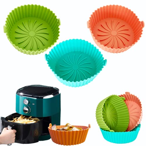 LAVOZZA 3pcs 5.5inch Air Fryer Silicone Liners,Heat Resistant Reusable Round Tray Silicone Lined,Fits 1-3 QT Air Fryer Microwaves, Ovens, etc.（Orange/Blue/Green）