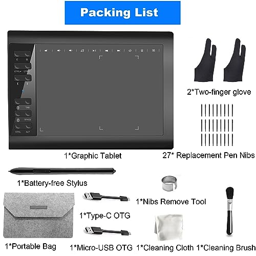 TEROW Graphics Drawing Tablets, 10 x 6 inch Graphics Writing Tablet with Roll Key Design and 8192 Levels Battery-Free for PC/Mac/Android 5.0 and Above with OTG Function for Drawing and Online Teaching