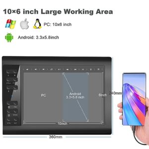 TEROW Graphics Drawing Tablets, 10 x 6 inch Graphics Writing Tablet with Roll Key Design and 8192 Levels Battery-Free for PC/Mac/Android 5.0 and Above with OTG Function for Drawing and Online Teaching