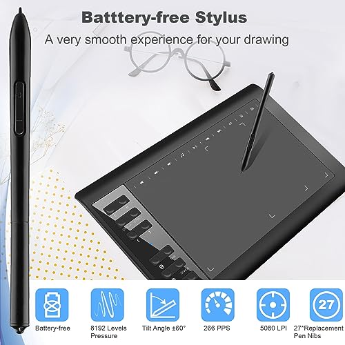 TEROW Graphics Drawing Tablets, 10 x 6 inch Graphics Writing Tablet with Roll Key Design and 8192 Levels Battery-Free for PC/Mac/Android 5.0 and Above with OTG Function for Drawing and Online Teaching