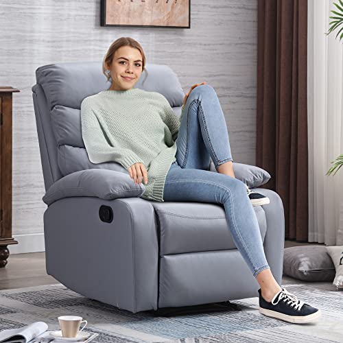 hzlagm Recliner Chair for Adults, Manual Recliner with Micro Leather, Overstuffed Single Sofa, Easy to Operate Footrest & Headrest, Suitable for Small Spaces- Misty Gray